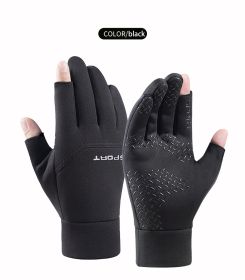 Winter Fishing Gloves Women Men Universal Keep Warm Fishing Protection Anti-slip Gloves 2 Cut Fingers Outdoor Angling (Color: black, size: L)